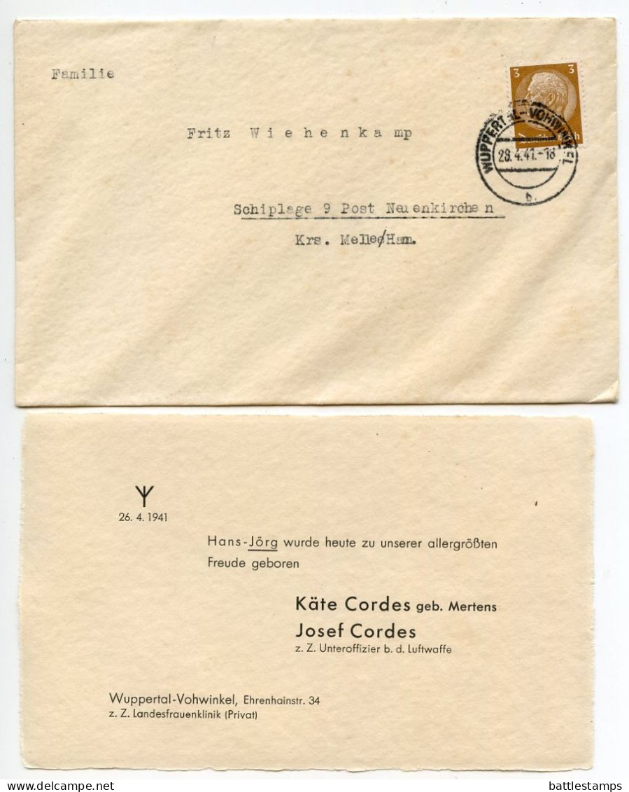 Germany 1941 Cover & Birth Announcement; Wuppertal-Vohwinkel To Schiplage; 3pf. Hindenburg - Covers & Documents