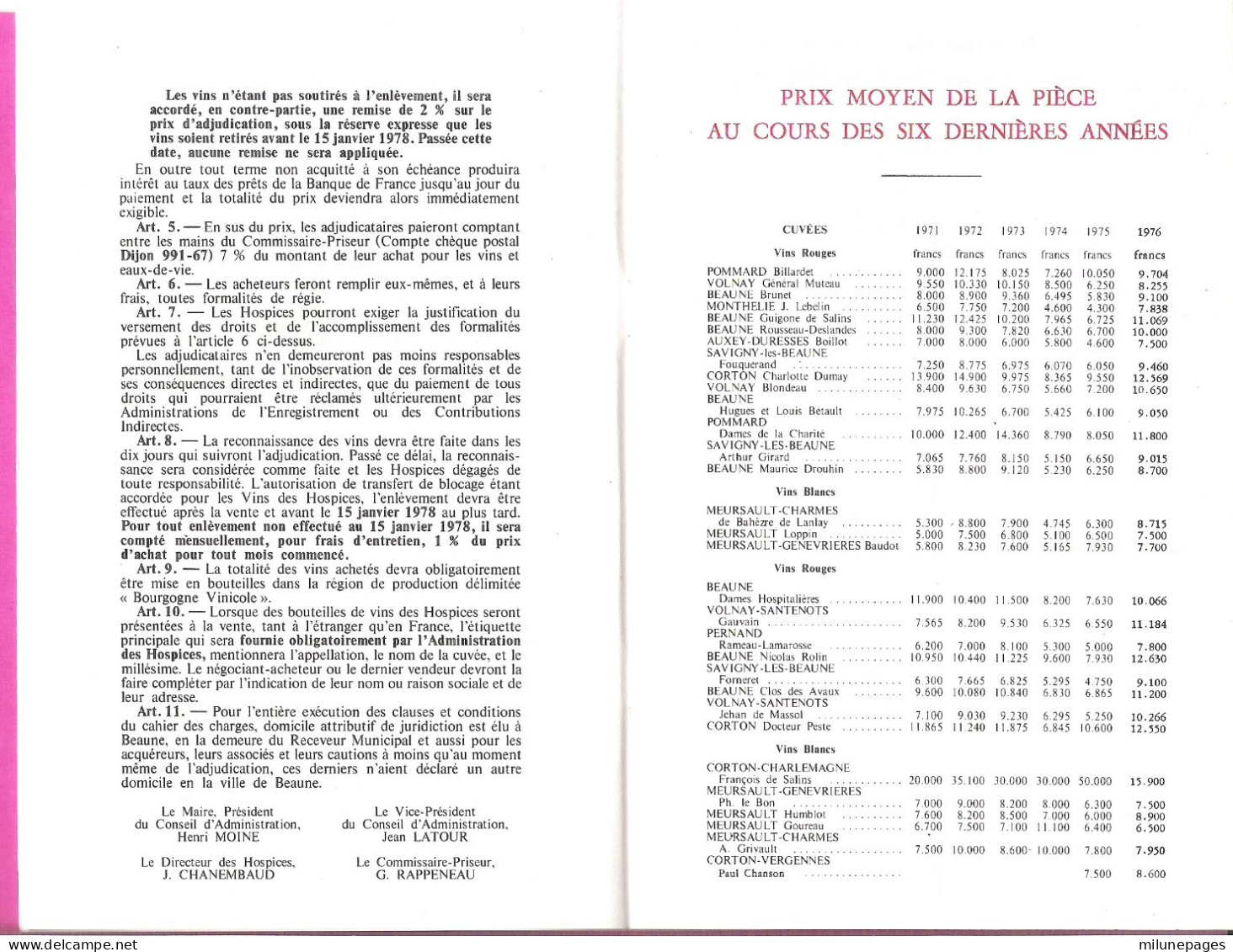 Catalogue Enchérisseur Vente Des Vins Fins Des Hospices De Beaune Récolte 1977 Avec Règlement Des Enchères - Programs