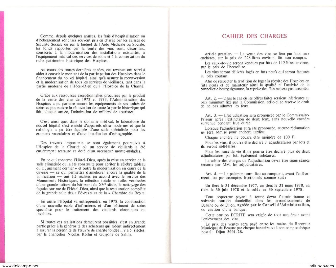 Catalogue Enchérisseur Vente Des Vins Fins Des Hospices De Beaune Récolte 1977 Avec Règlement Des Enchères - Programs