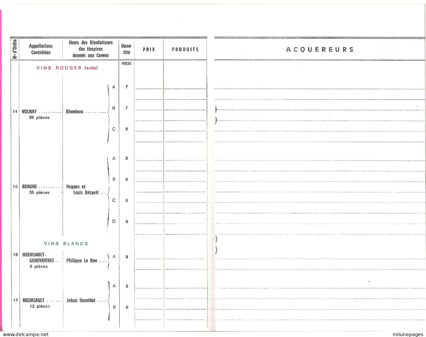 Catalogue Enchérisseur Vente Des Vins Fins Des Hospices De Beaune Récolte 1977 Avec Règlement Des Enchères - Programmes