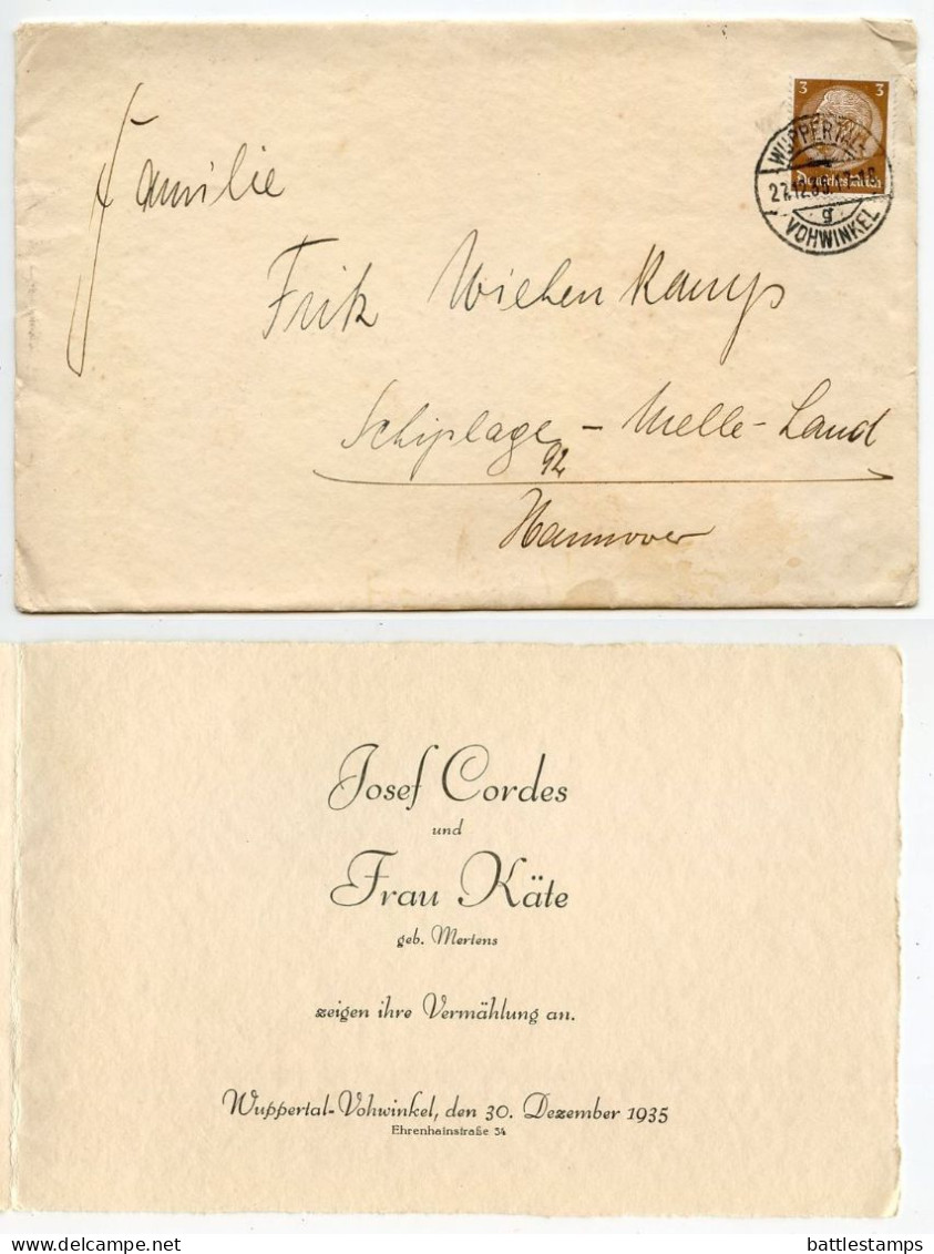 Germany 1935 Cover & Marriage Announcement; Wuppertal-Vohwinkel To Schiplage; 3pf. Hindenburg - Briefe U. Dokumente