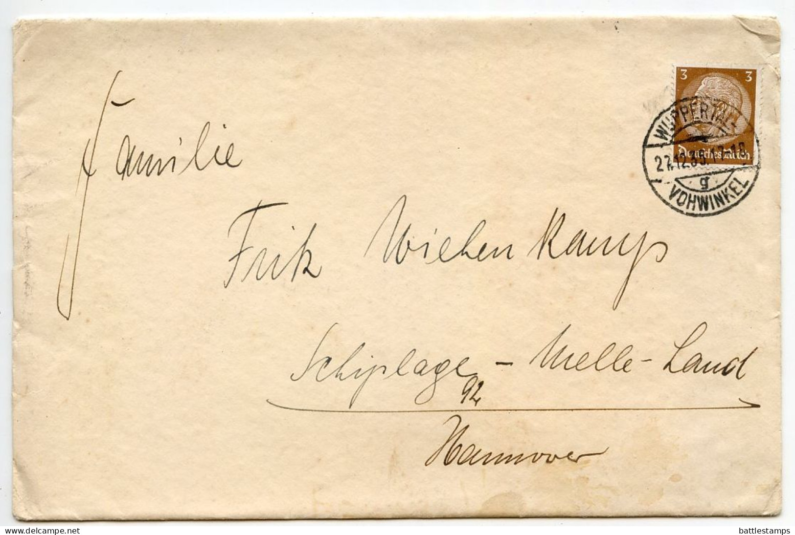 Germany 1935 Cover & Marriage Announcement; Wuppertal-Vohwinkel To Schiplage; 3pf. Hindenburg - Lettres & Documents