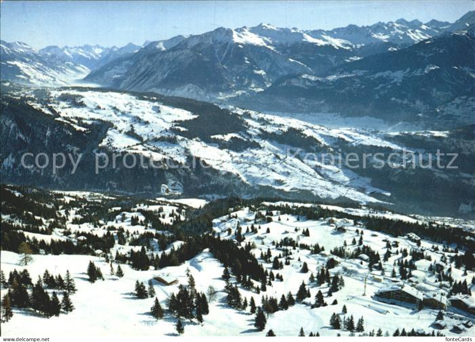 12219417 Anzere Station Et Champs De Ski Au Fond Le Plateau De Lens Et La Vallee - Altri & Non Classificati