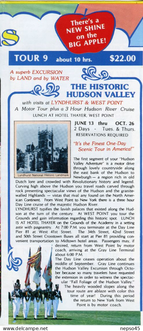 Dépliant Touristique.Amérique.U.S.A.New York.Sightseeing.The Gray Line.1978.Th Big Apple.The Historic Hudson Valley. - Dépliants Touristiques