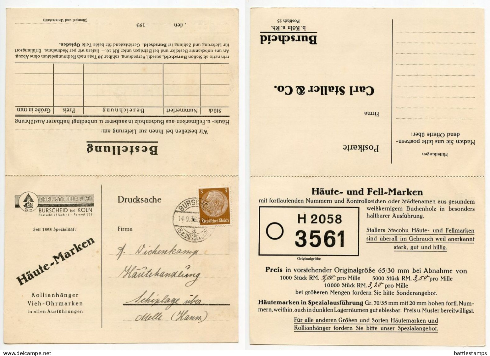 Germany 1936 Postcard & Reply Card; Burscheid (Bz. Düsseldorf) - Carl Staller & Co., Häute-Marken; 3pf. Hindenburg - Covers & Documents