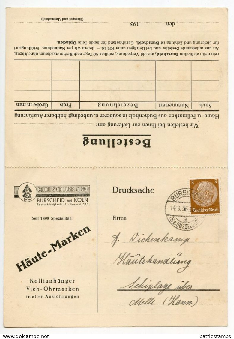 Germany 1936 Postcard & Reply Card; Burscheid (Bz. Düsseldorf) - Carl Staller & Co., Häute-Marken; 3pf. Hindenburg - Lettres & Documents