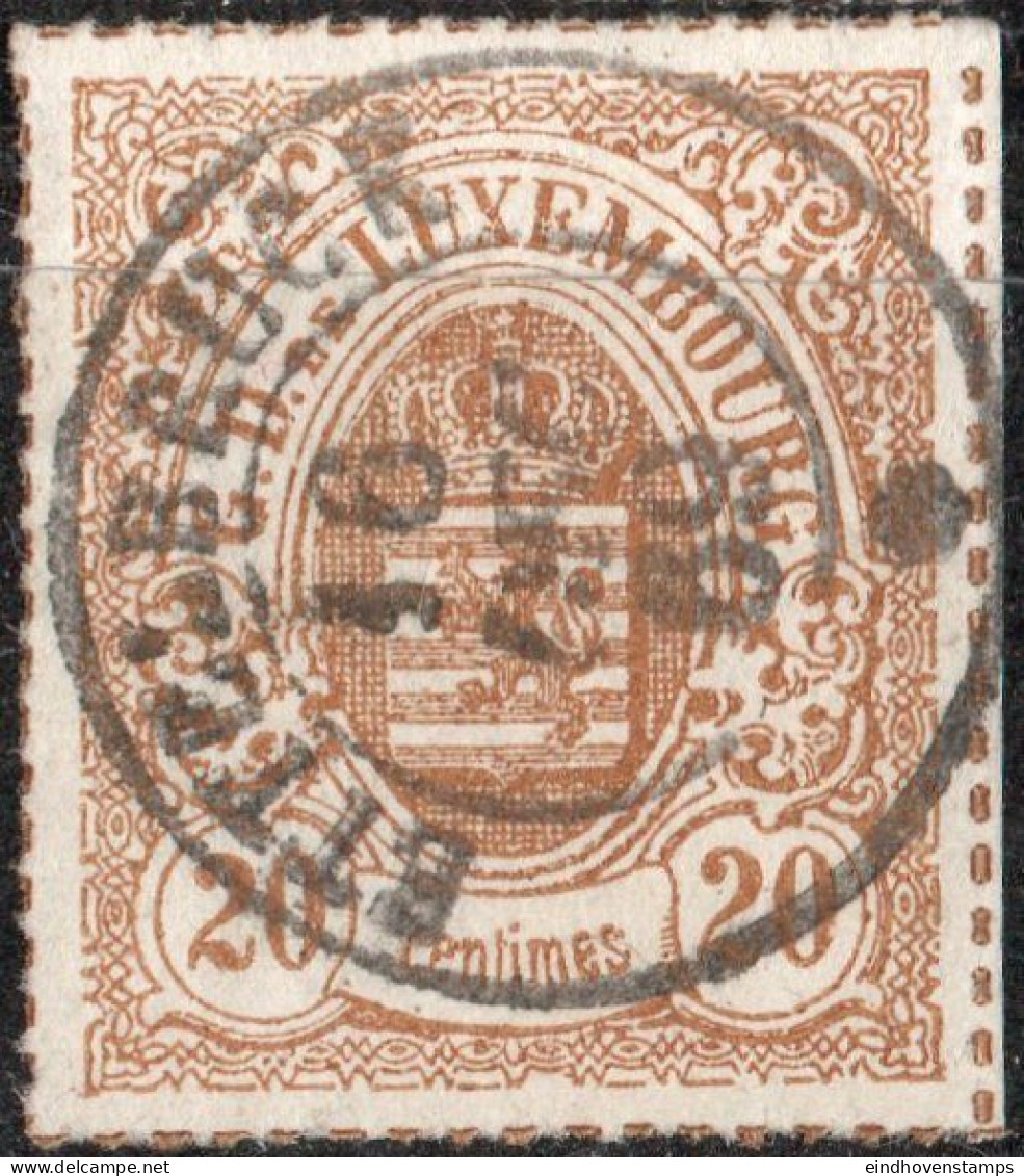 Luxembourg 1865 20c Yellow Rown Rouletted (coloured) 1 Value Full Cancel Ettelbruck - 1859-1880 Wapenschild