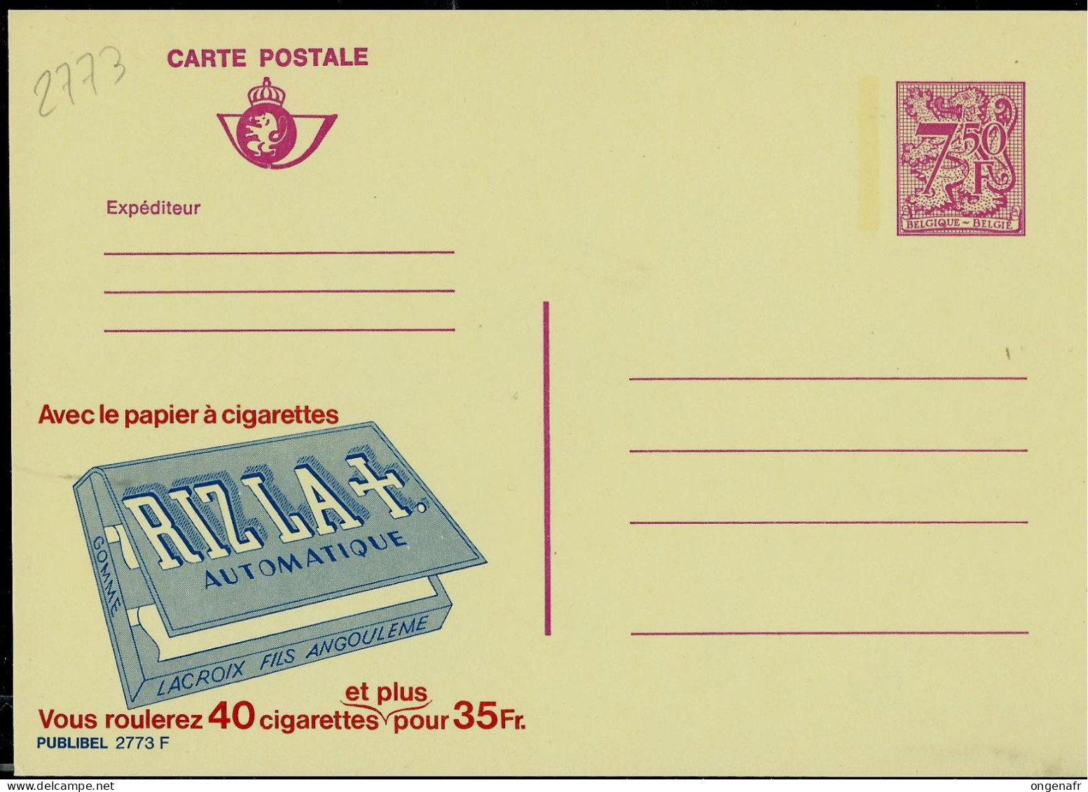 Publibel Neuve N° 2773  ( Papier à Cigarettes RIZ  LA + - Angoulême ) - Werbepostkarten