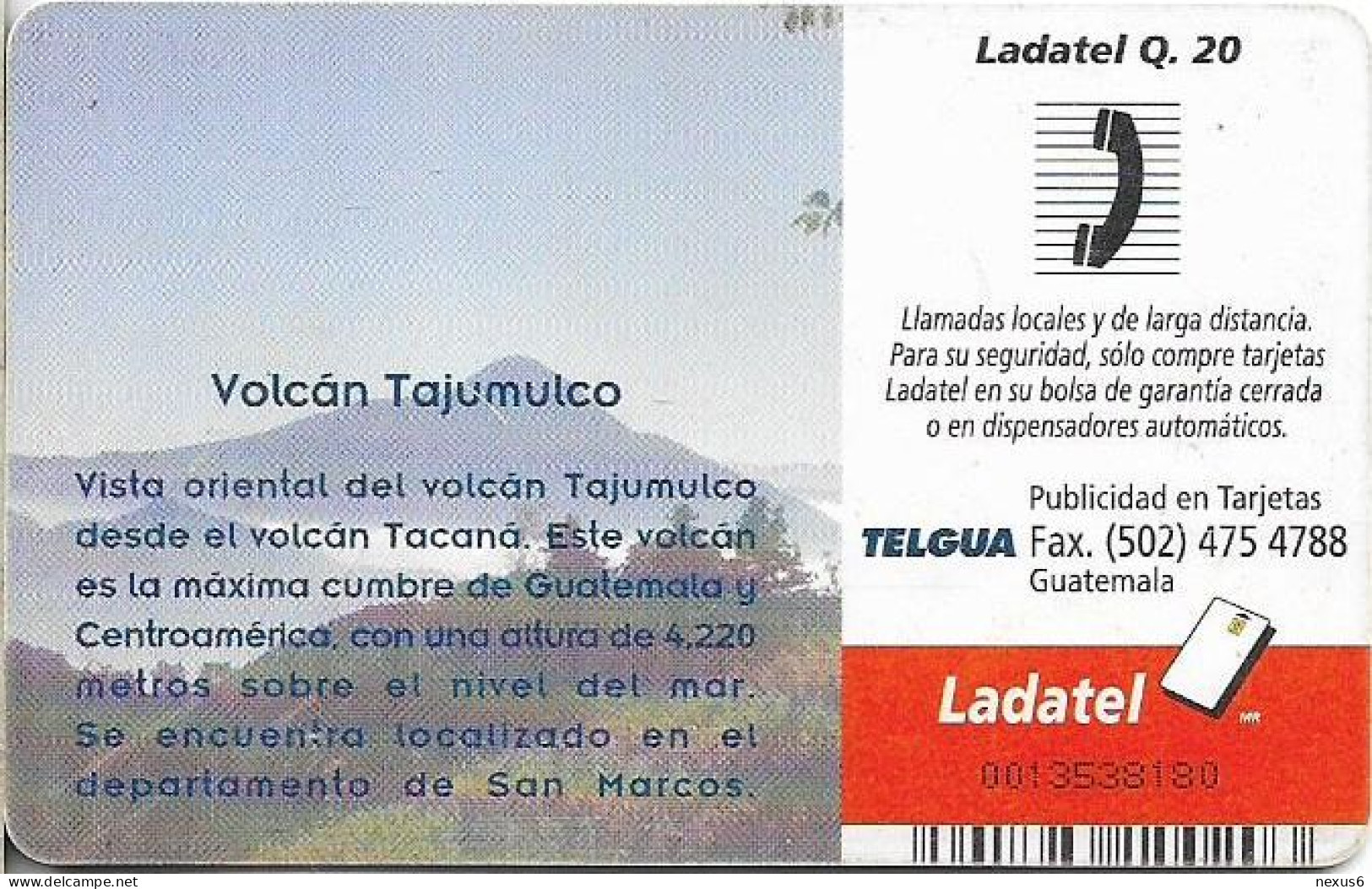 Guatemala - Telgua Ladatel - Volcán Tajumulco, Gem5 Red, 2002, 20Q, Used - Guatemala