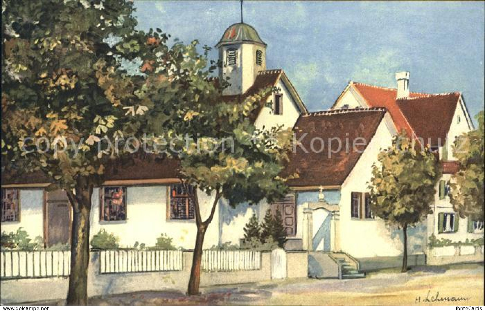 12059607 Amriswil TG Kirche Mit Pfarrhaus Kuenstlerkarte Amriswil - Altri & Non Classificati