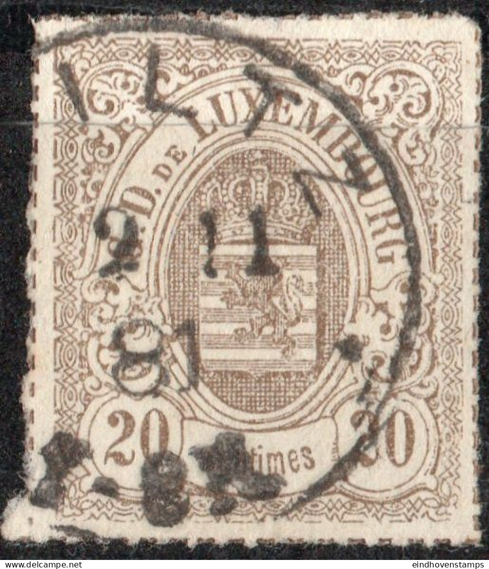 Luxembourg 1865 20c Grey Rown Rouletted (coloured) 1 Value Cancel  Wiltz - 1859-1880 Armoiries