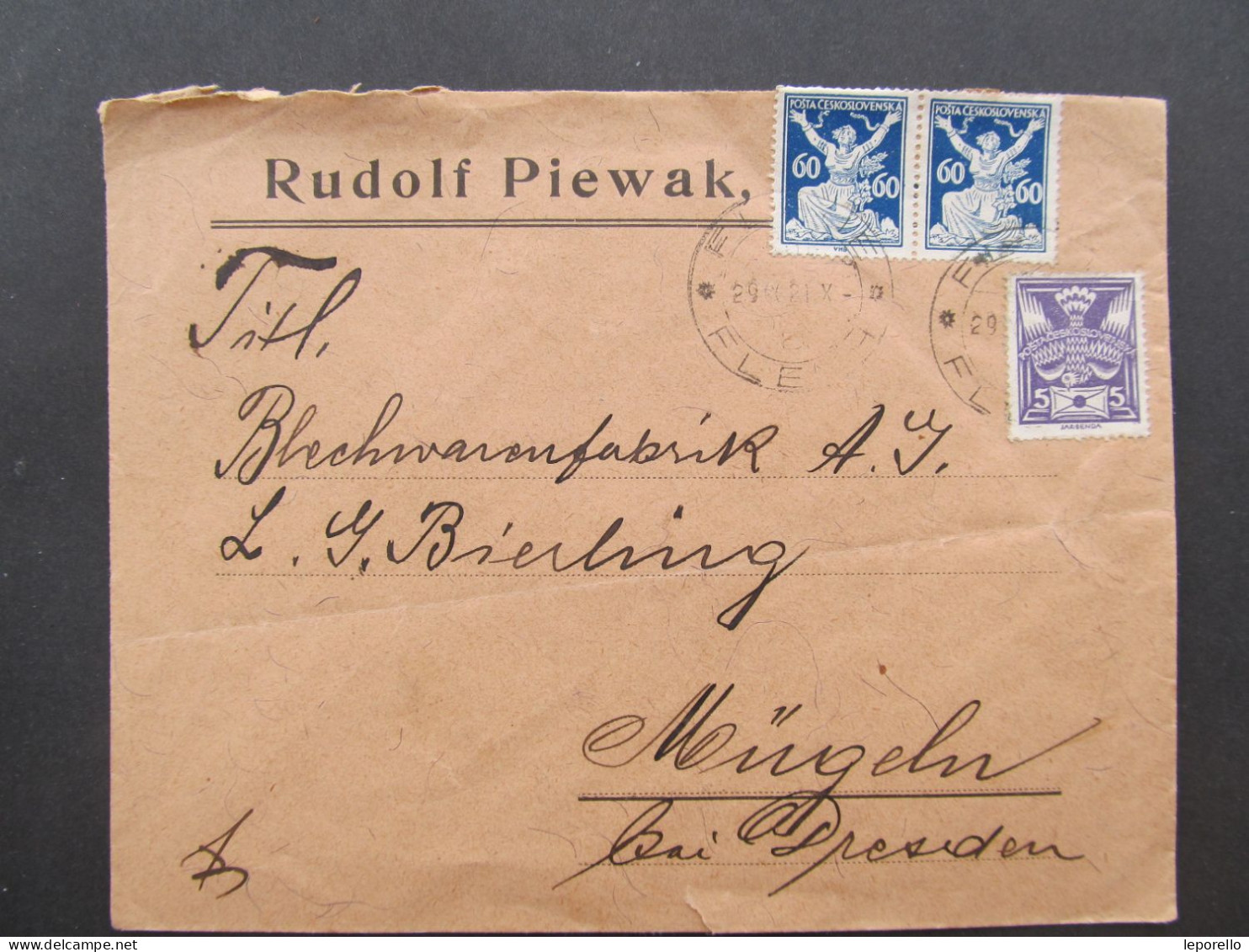 AK Fleyh Fláje - Mügeln R. Piewak Aussig 1921 OR+Holubice // P9844 - Briefe U. Dokumente