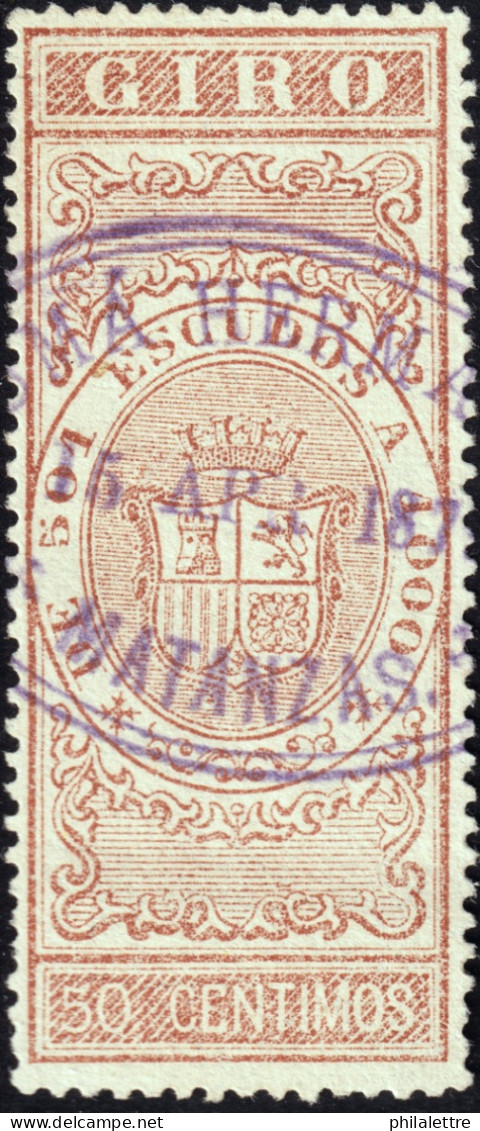 ESPAGNE / ESPAÑA - COLONIAS (Cuba) 1868 Sellos Para GIRO Fulcher 651/2 50c Castaño - Cancelado Marca De Matanzas - Cuba (1874-1898)