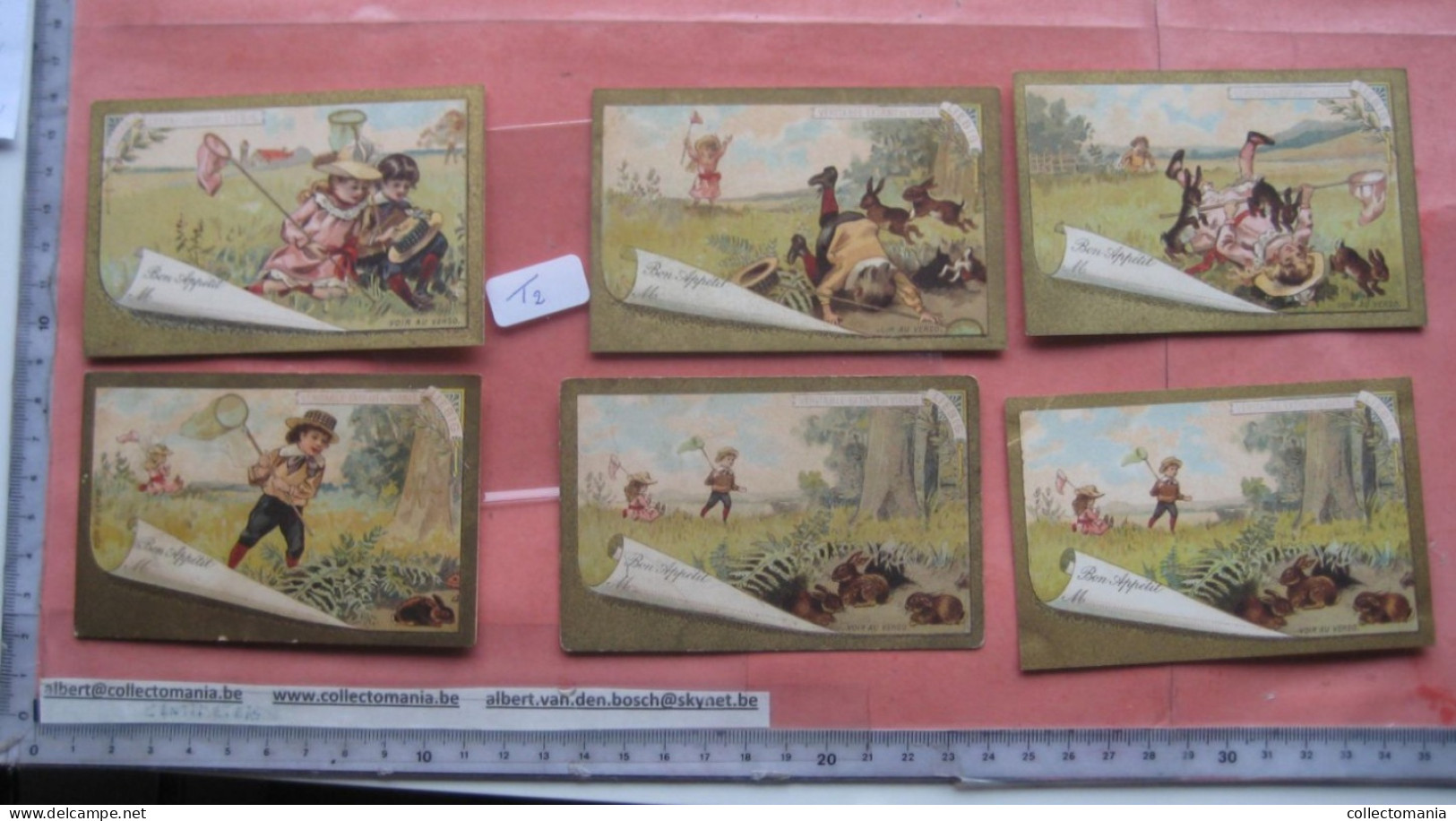 6 Cartes Chromos, 1886, Liebig Compagnie Complete Set  Tischkarten, Cartes De Table Nr 2 : Enfants, Lapins - VG - Liebig