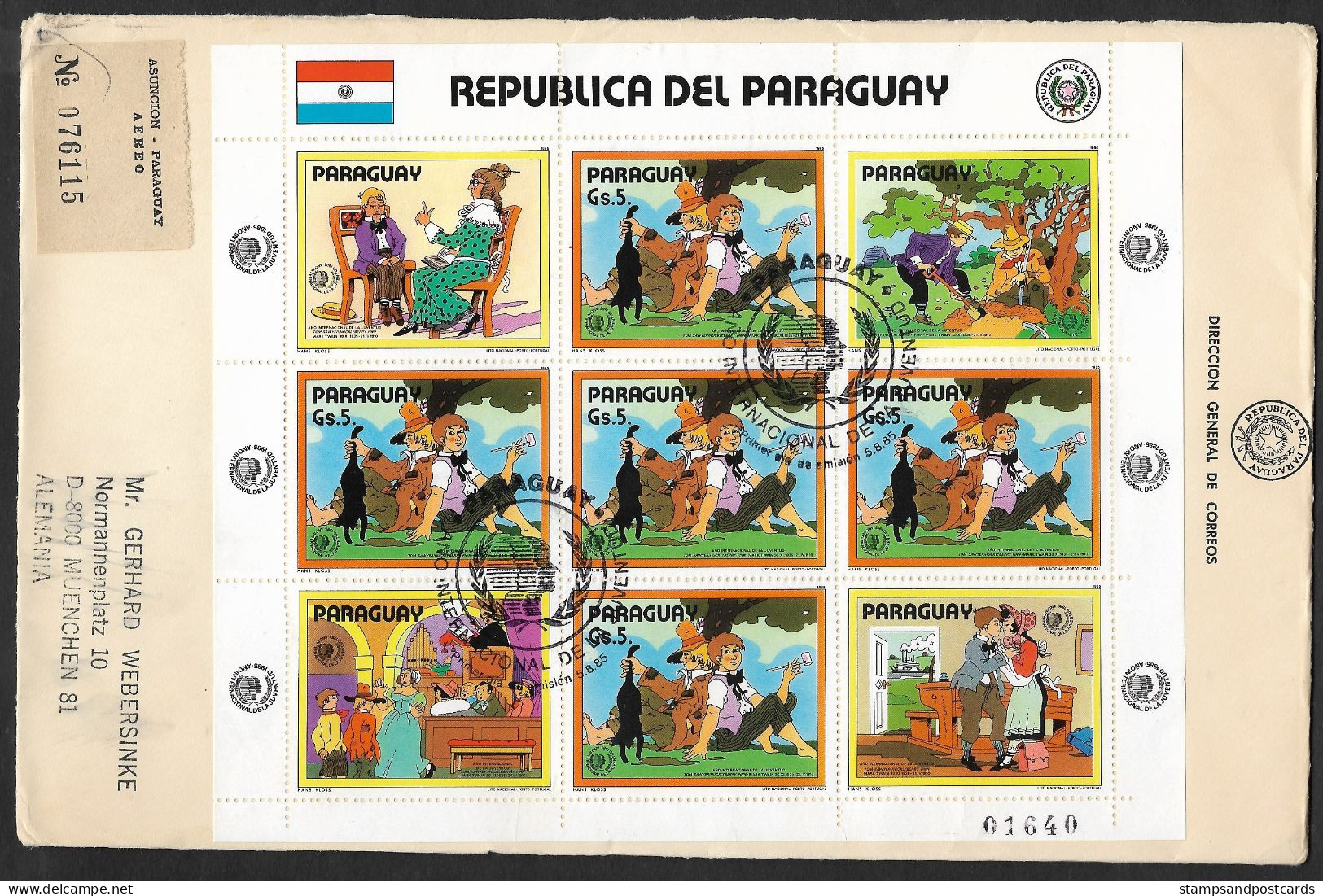 Paraguay 1985 FDC Recommandée Mark Twain Huckleberry Finn Tom Sawyer Année Internationale Jeunesse R FDC Int. Youth Year - Verhalen, Fabels En Legenden