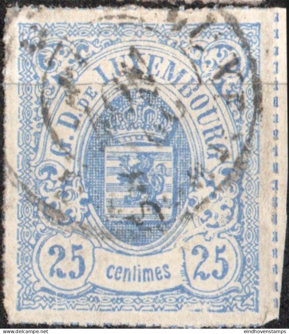 Luxembourg 1865 25 C Blue Rouletted (coloured) 1 Value Cancelled - 1859-1880 Armoiries