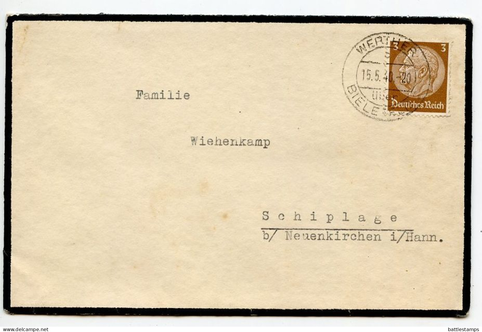 Germany 1940 Mourning Cover; Werther über Bielefeld To Schiplage; 3pf. Hindenburg - Storia Postale