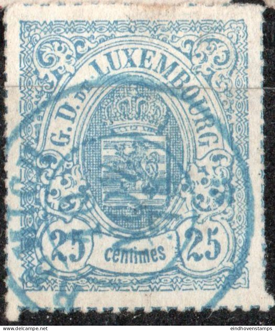 Luxembourg 1865 25 C Blue Rouletted (coloured) 1 Value Blue Cancel Remich - 1859-1880 Armoiries