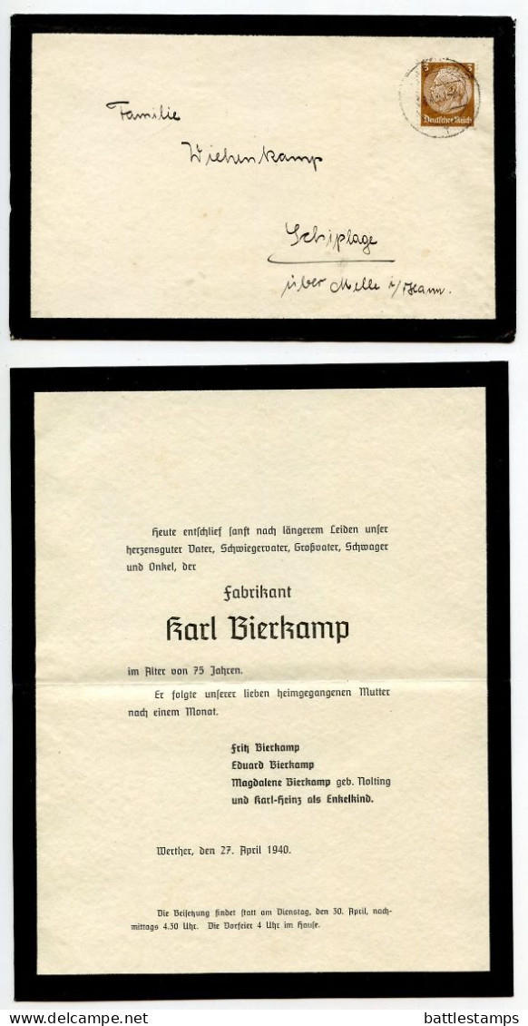 Germany 1940 Mourning Cover; Bielefeld To Schiplage; 3pf. Hindenburg - Briefe U. Dokumente