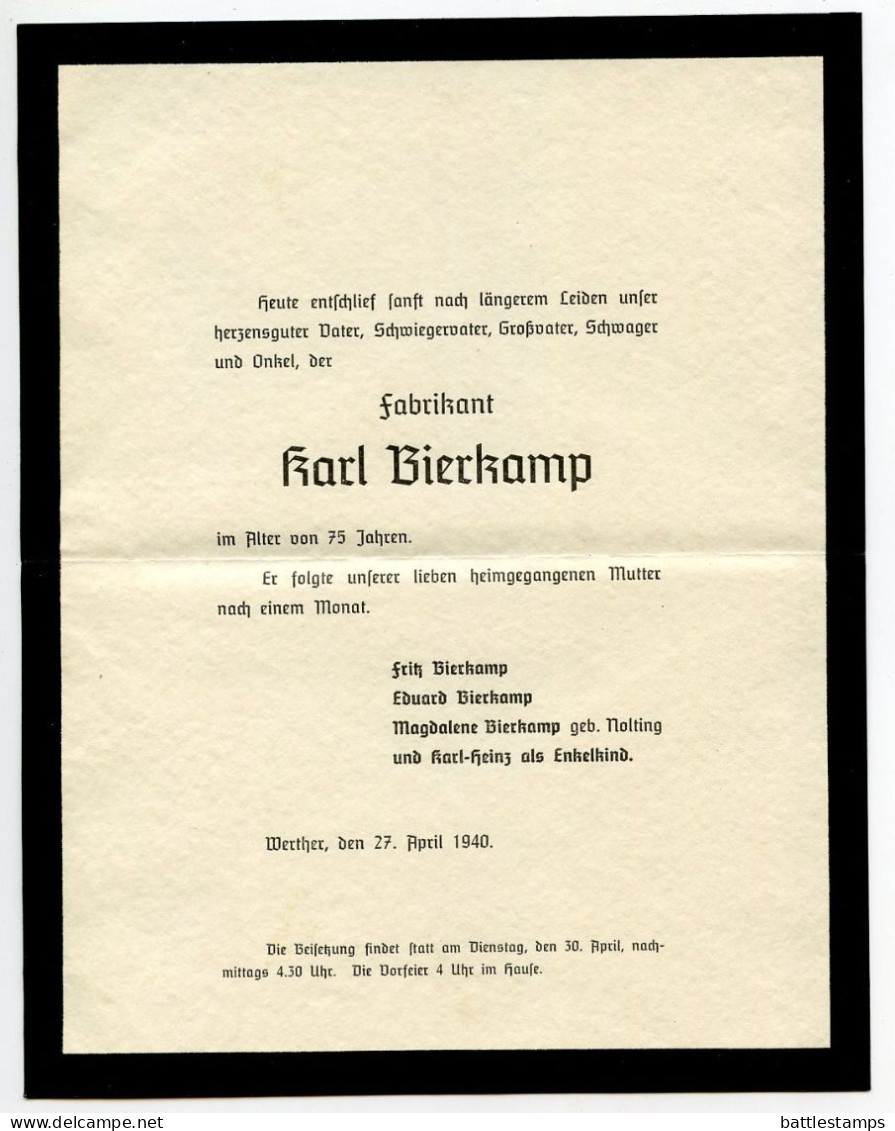Germany 1940 Mourning Cover; Bielefeld To Schiplage; 3pf. Hindenburg - Briefe U. Dokumente