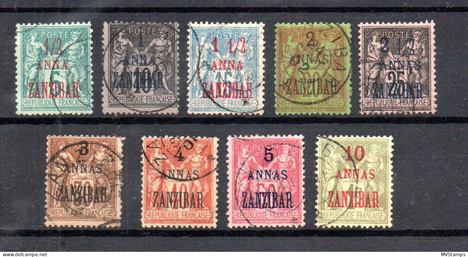 Zanzibar (France) 1897 Old Set Definitive Sage Stamps (Michel 27/35) Used - Oblitérés