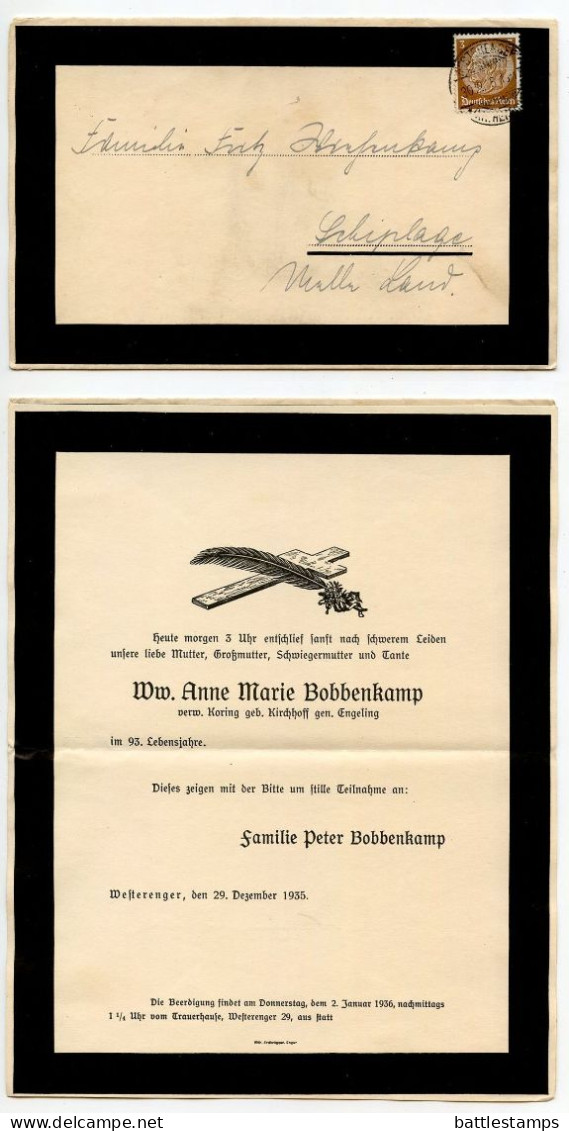 Germany 1935 Mourning Cover; Westerenger To Schiplage; 3pf. Hindenburg - Covers & Documents