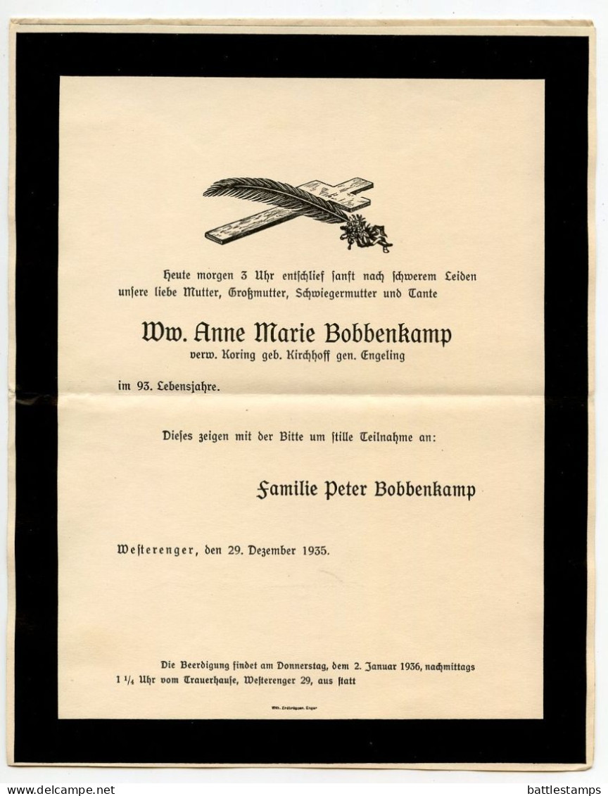 Germany 1935 Mourning Cover; Westerenger To Schiplage; 3pf. Hindenburg - Briefe U. Dokumente