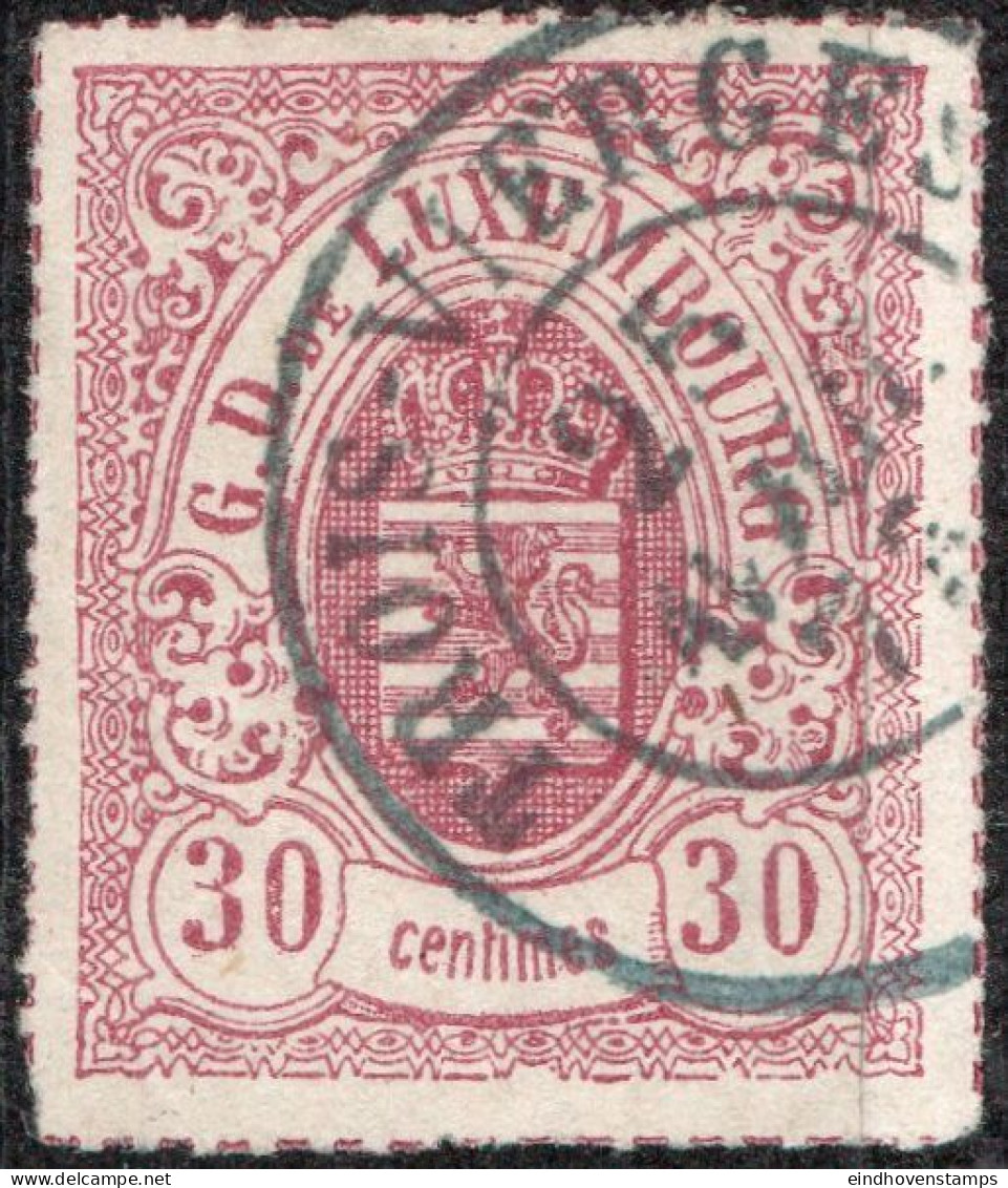 Luxemburg 1865 30 Coloured Line Perforation Cancel Trois-vierges - 1859-1880 Wapenschild