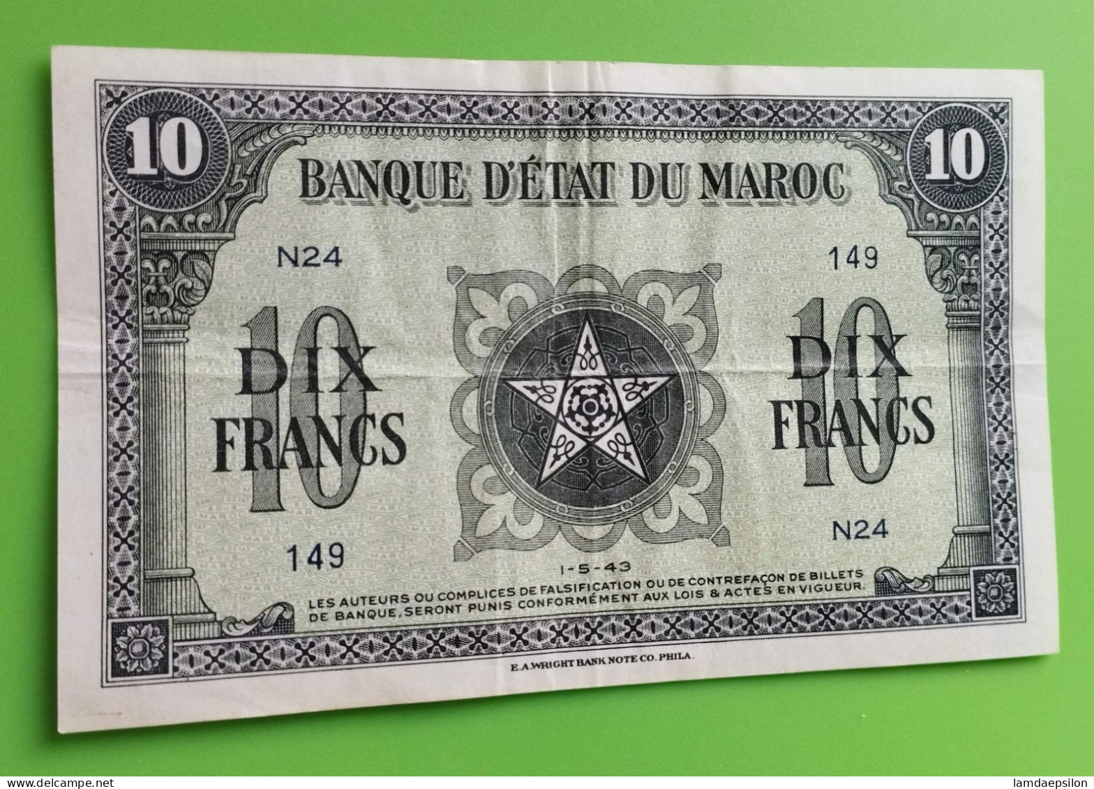 MAROC MOROCCO MARRUECOS MAROKKO BANQUE D'ETAT 10 FRANC 1943 . - Marokko