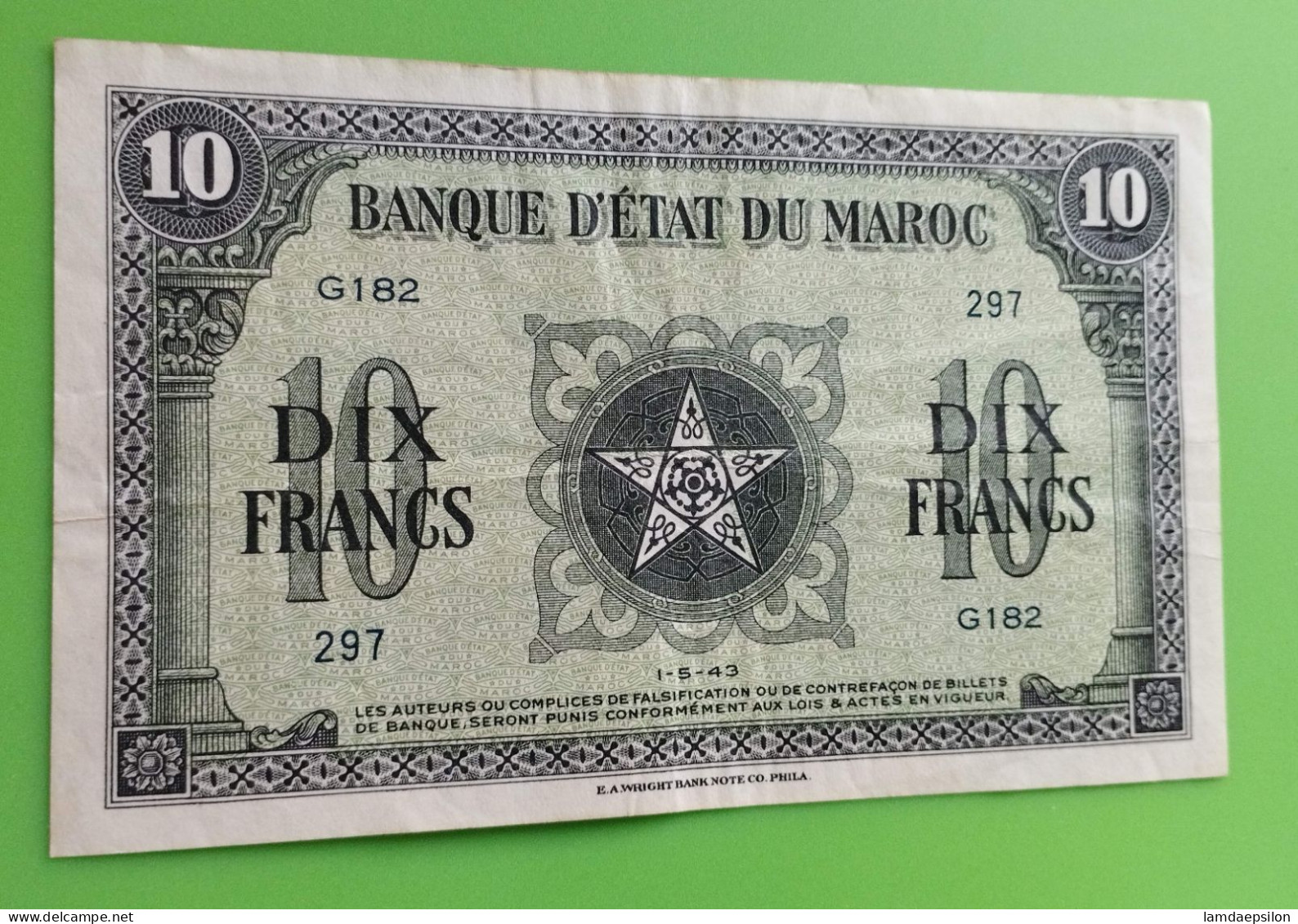 MAROC MOROCCO MARRUECOS MAROKKO BANQUE D'ETAT 10 FRANC 1943 .. - Marruecos