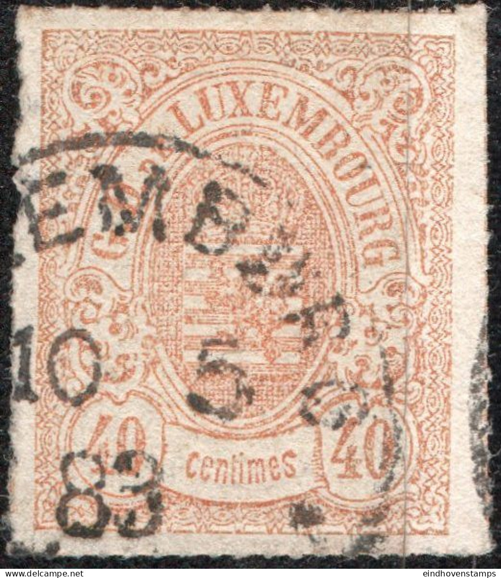 Luxemburg 1865 40 Mat Orange Coloured Line Perforation Cancelled - 1859-1880 Stemmi