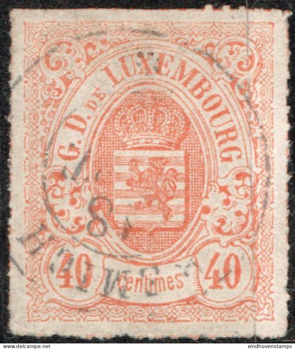 Luxemburg 1865 40 C Orange Coloured Line Perforation Cancel Remich - 1859-1880 Coat Of Arms