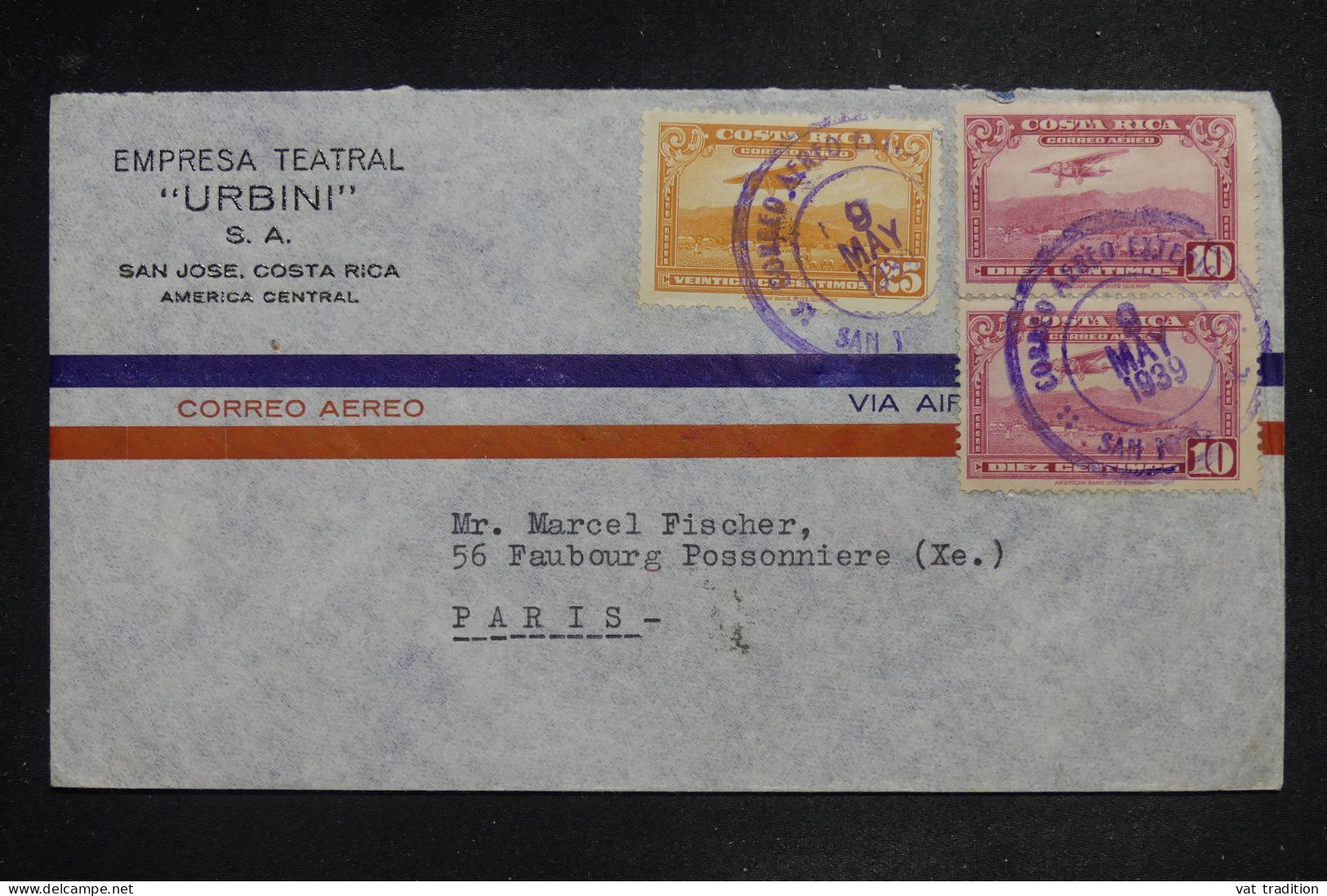COSTA RICA - Lettre Commerciale Par Avion > Paris - 1939 - A 3002 - Costa Rica