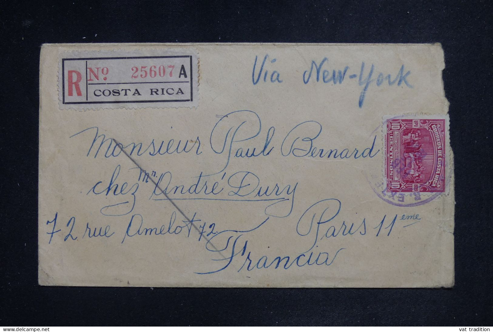 COSTA RICA - Lettre Recommandée Par Avion Via New York > Paris - 1935 - A 3003 - Costa Rica