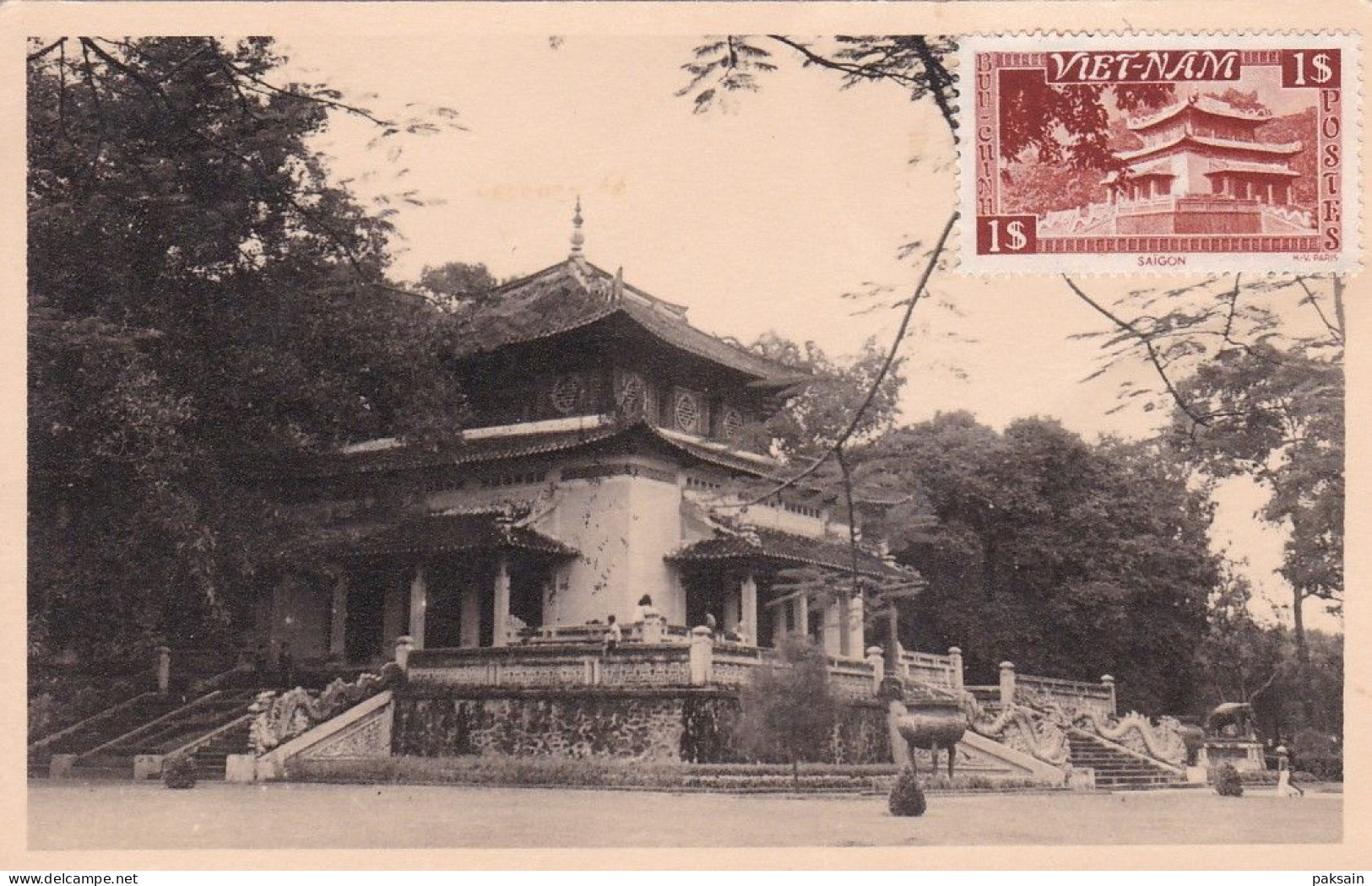 VIETNAM : CARTE MAXIMUM Temple Avec Cachet Poste Navale 1953 Indochine - Briefe U. Dokumente