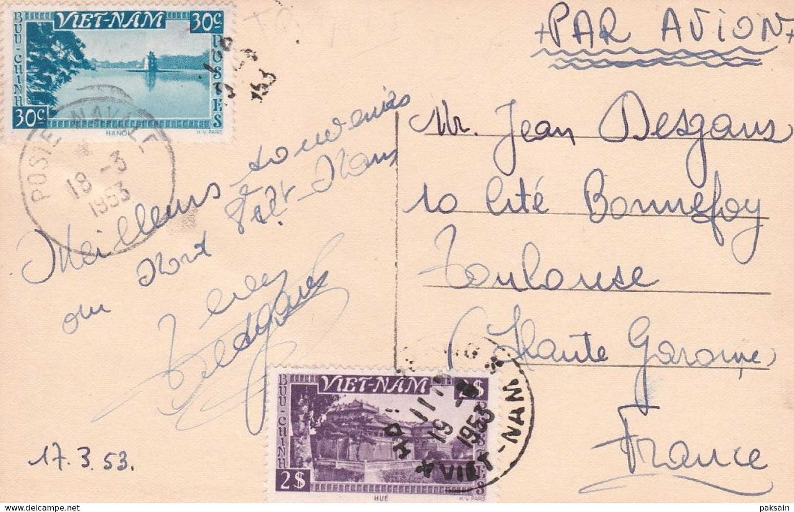 VIETNAM : CARTE MAXIMUM Temple Avec Cachet Poste Navale 1953 Indochine - Briefe U. Dokumente