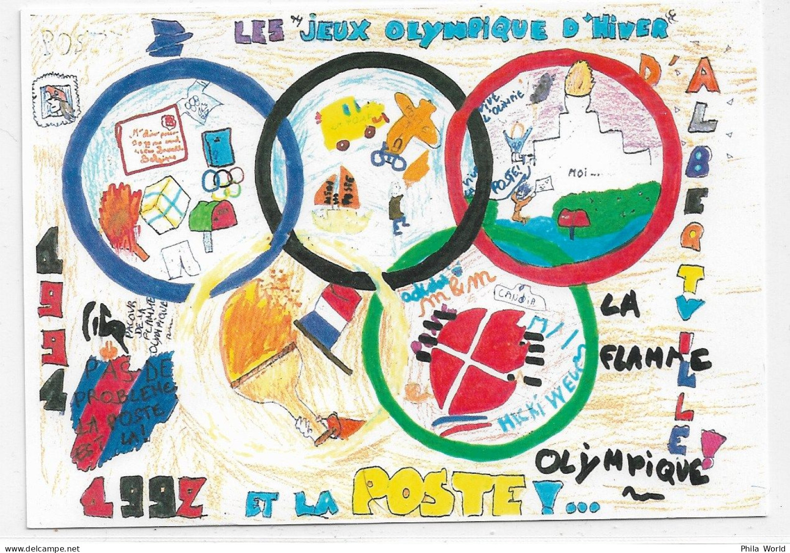 FRANCE 1992 JO Jeux Olympiques ALBERTVILLE CPM Flamme Olympique La Poste Oeuvre Liza GRIMAUD Lot 1er Concours Dessins - Winter 1992: Albertville