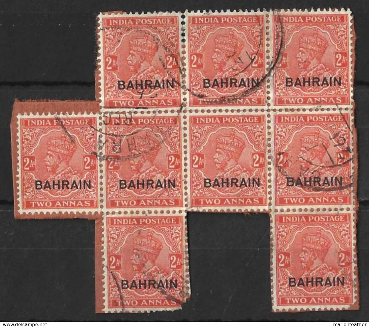 BAHRAIN.......KING GEORGE V...(1910-36..)....2As.....SG17a.......IRREGULAR  BLOCK OF 9...ON PEICE.....USED...... - Bahreïn (...-1965)