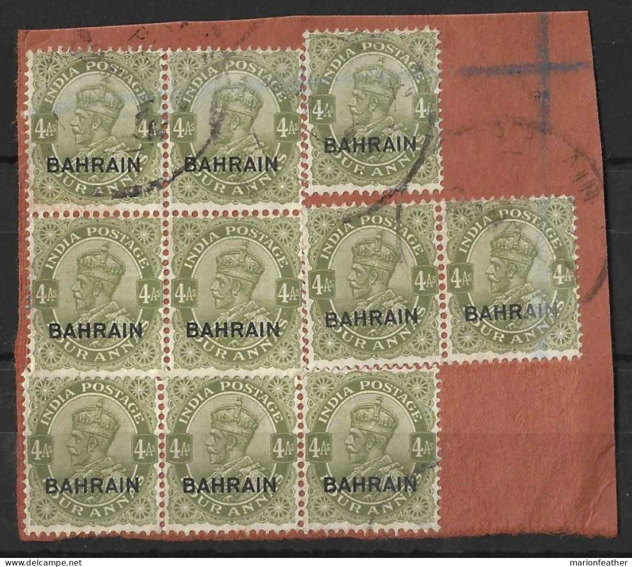 BAHRAIN.....KING GEORGE....V.....(1910-36...)......4a X 10....6 SINGLE ON PIECE.....SG19.....USED... - Bahreïn (...-1965)