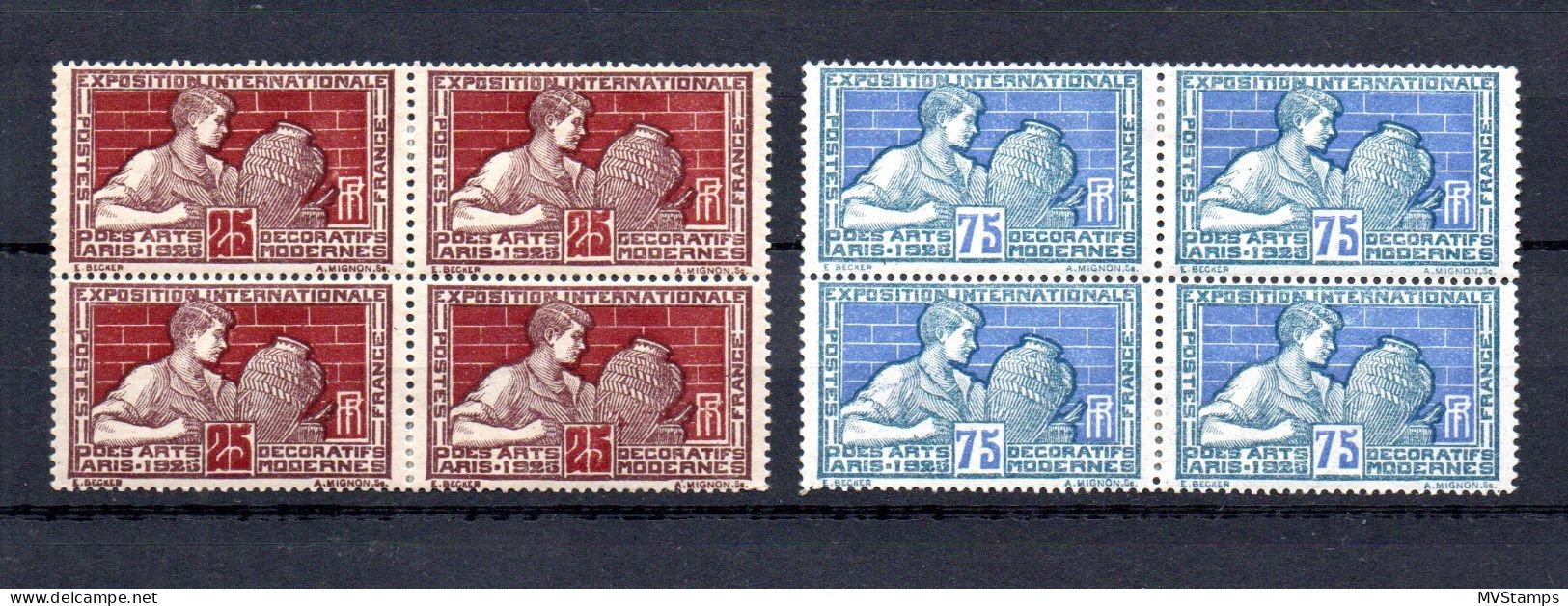 France 1924 Old Set Art-exhibition Stamps (Michel 174/75) In Blocks Of Four MLH - Ongebruikt