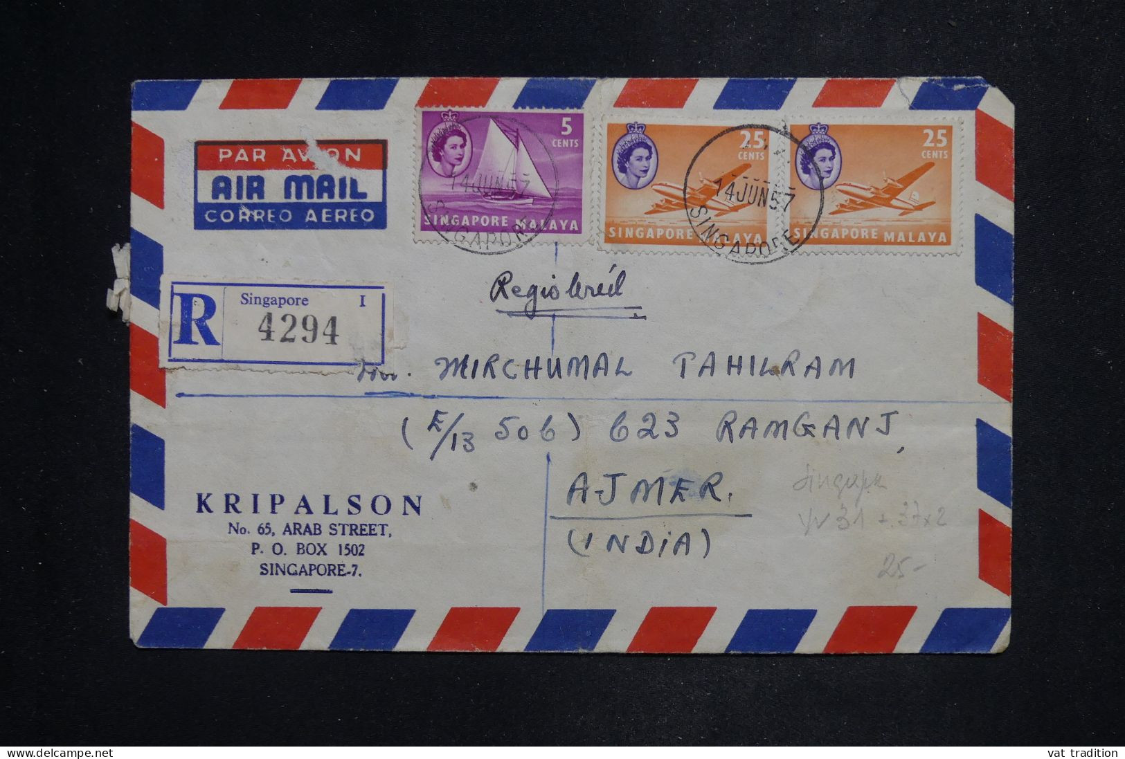 SINGAPOUR - Lettre Commerciale Recommandée Par Avion > L'Inde - 1957 -  A 3016 - Singapore (...-1959)