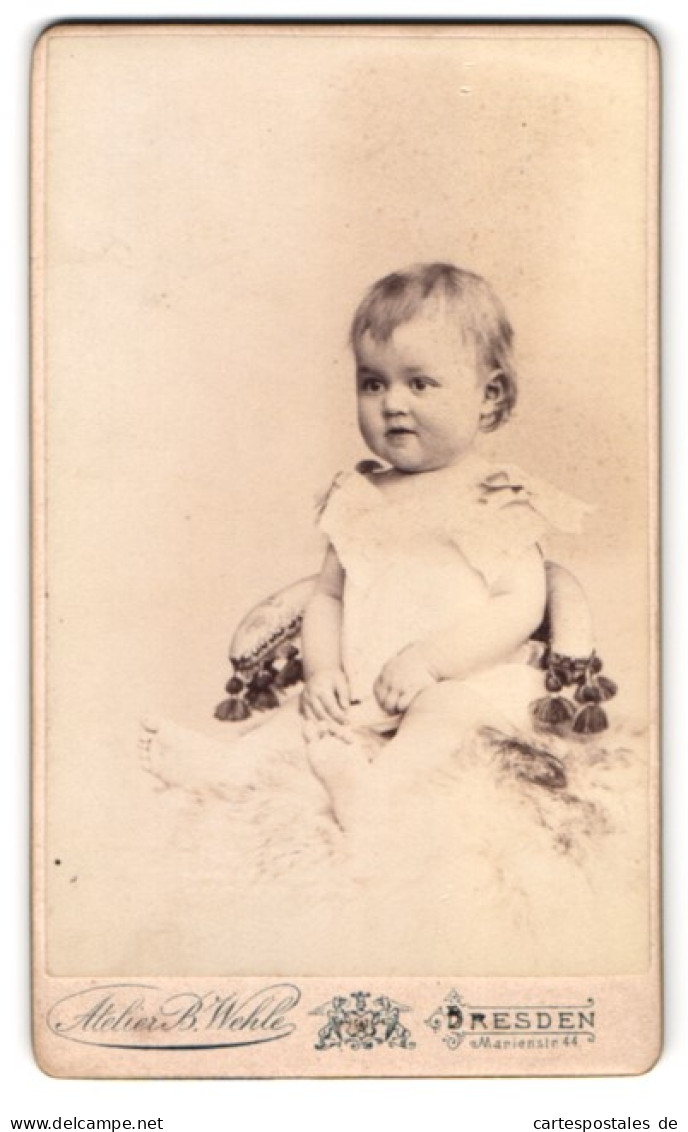 Fotografie B. Wehle, Dresden, Marienstr. 44, Portrait Blondes Süsses Kleinkind Auf Fell Sitzend  - Personnes Anonymes