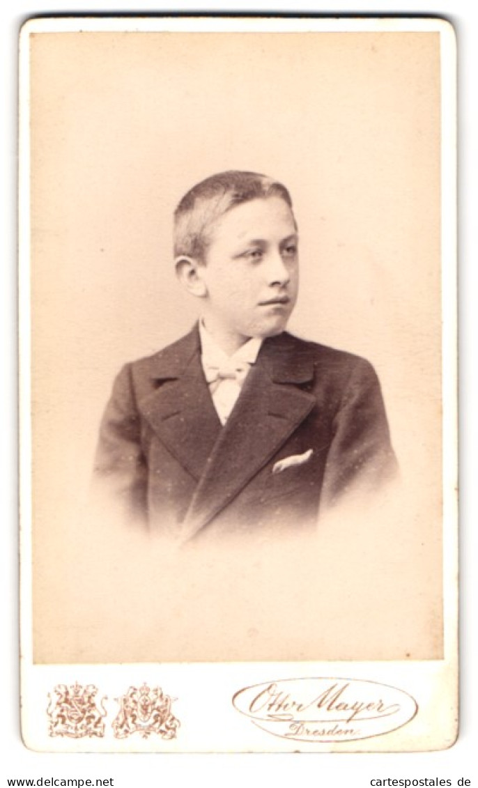 Fotografie Otto Mayer, Dresden, Pragerstr. 38, Portrait Frecher Bube Mit Fliege Im Jackett  - Anonyme Personen