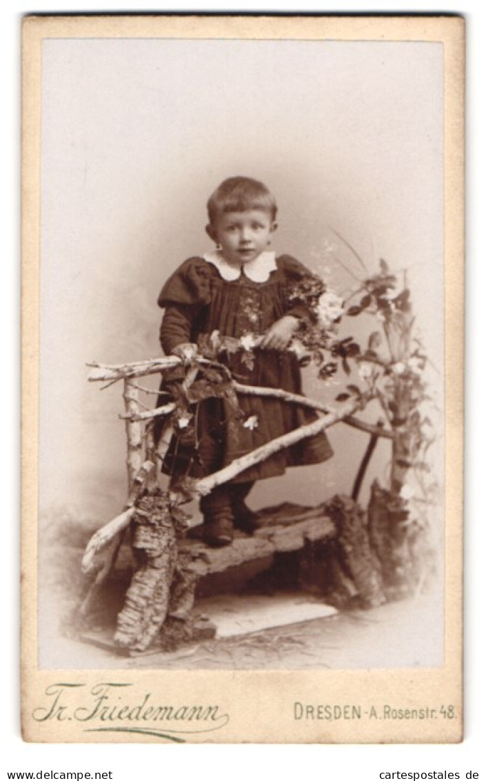 Fotografie Tr. Friedemann, Dresden-A., Rosenstr. 48, Portrait Niedliches Kleines Mädchen Steht An Einem Kleinen Holzz  - Persone Anonimi