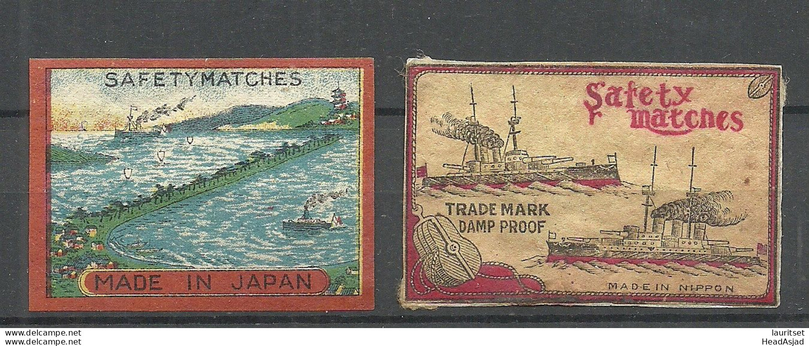 Made In JAPAN NIPPON - 2 Old Match Box Labels Zündholzschachteletiketten Ships Schiffe Safety Matches - Matchbox Labels