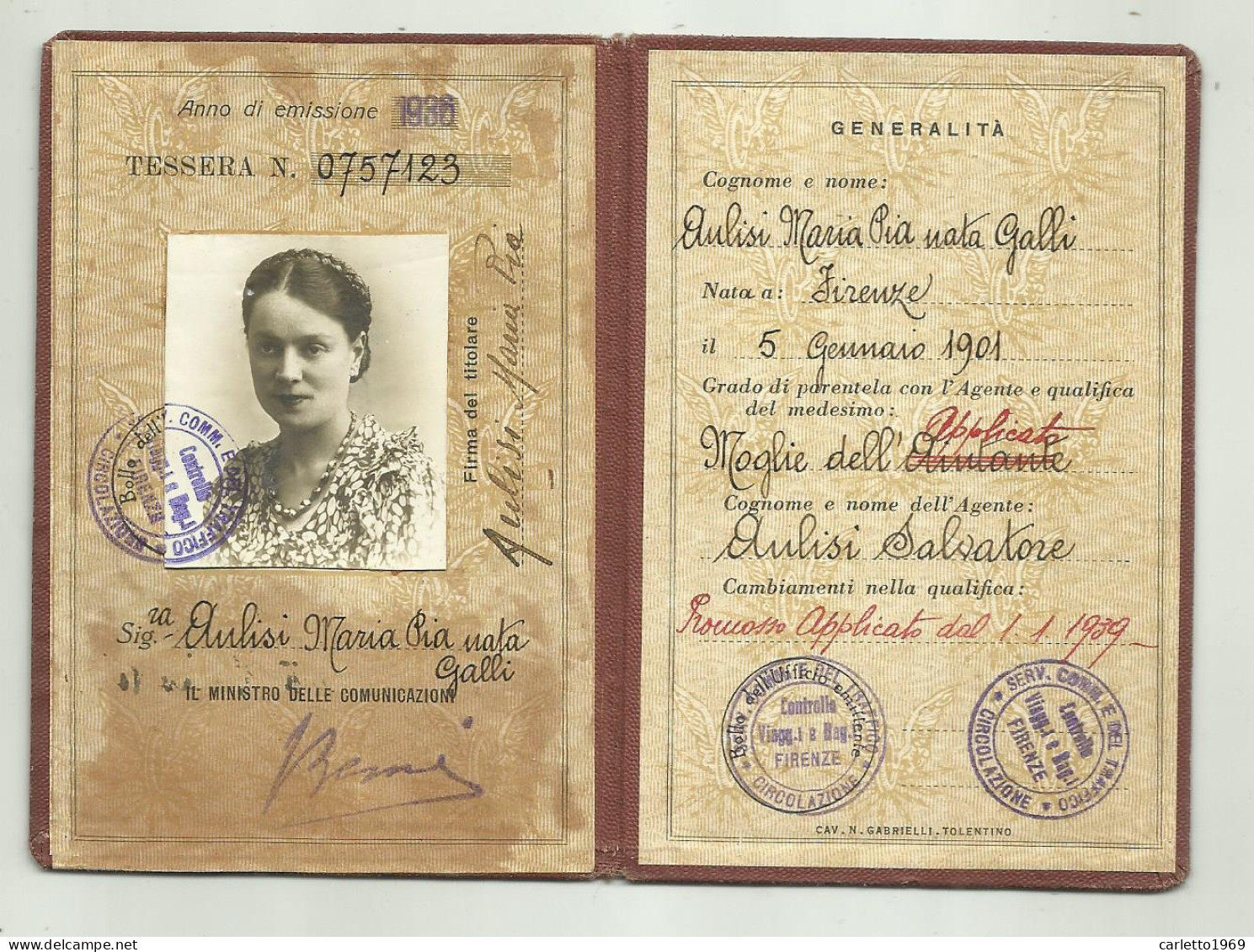 TESSERA DI RICONOSCIMENTO FERROVIE DELLO STATO 1936 FIRENZE - Mitgliedskarten