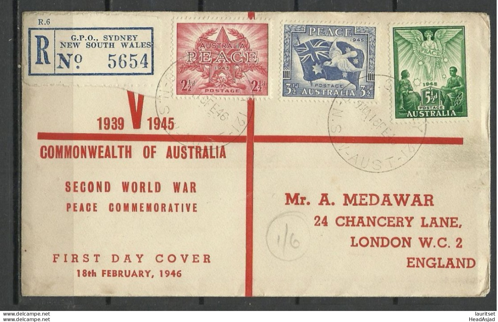 AUSTRALIA 1946 Michel 173 - 175 FDC WWII Peace Registered Sydney NSW, Sent To Great Britain - FDC