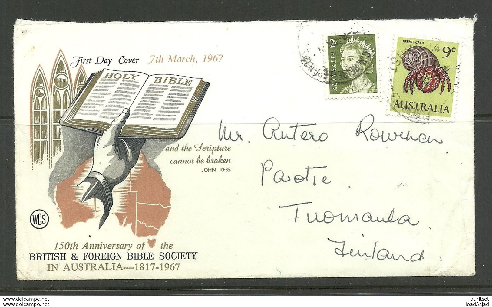 AUSTRALIA 1967 Cover To Finland British & Foreign Bible Society In Australia 150th Anniversary Illustrated Cover - Christentum