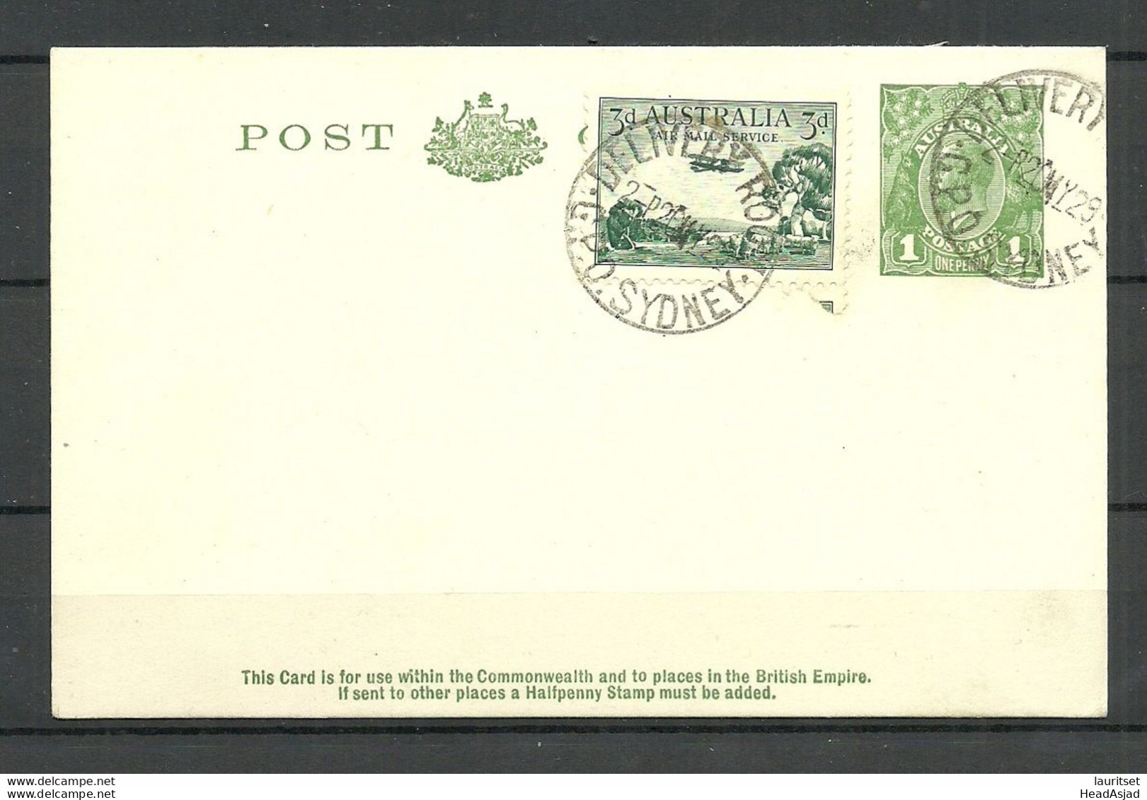 AUSTRALIA 1929 Stationery Card 1 P.  & Additional Stamp Mi. 89 Air Plane Stamped ( Delivery Room Sidney ) But Not Sent - Postal Stationery