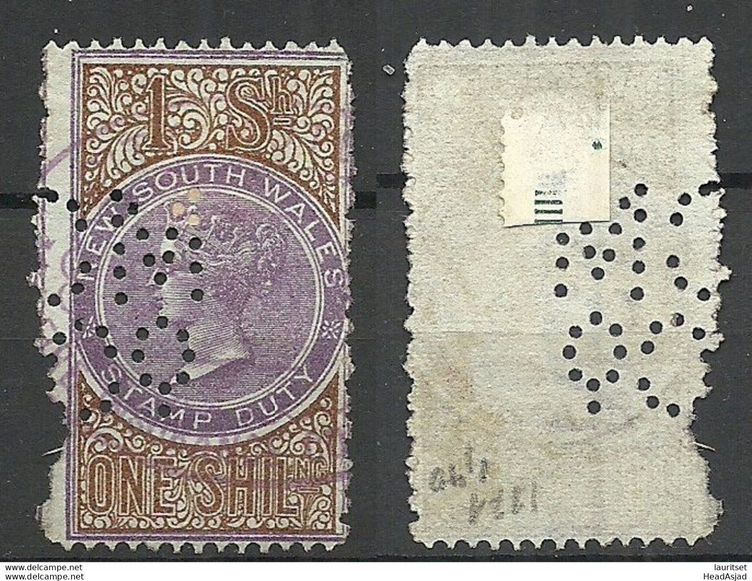 NEW SOUTH WALES AUSTRALIA Ca 1880 Victoria Tax Revenue Stamp Duty 1 Shilling O Perfin - Gebruikt